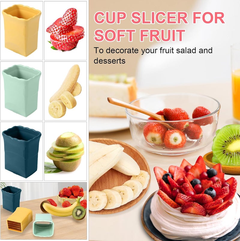 Dokpod 5 Pack, 3 Pcs Cup Slicers with 2 Pcs Stainless Steel leaf Forks Strawberry Slicer Banana Fruit Cutter Egg Slicer Multifunctional Soft Fruit and Vegetable Slice Fresh Platter Making - Image 2